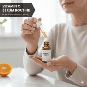 A person applying a few drops of Vitamin C serum from a dropper bottle onto their hand. The image focuses on the proper method of using the serum. The text reads
(How to Use Vitamin C Serum). विटामिन C सीरम