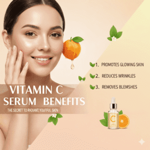 विटामिन C सीरम: A young woman with glowing skin, holding an orange slice. The image highlights the benefits of Vitamin C serum, with text that reads "VITAMIN C SERUM KE FAYDE" and "Chamakdar, Jawan Twacha Ka Raaz" (Secret to Glowing, Youthful Skin). Three bullet points show the benefits: 1. Enhance skin radiance, 2. Reduce wrinkles, 3. Remove dark spots. A bottle of Vitamin C serum is also visible.