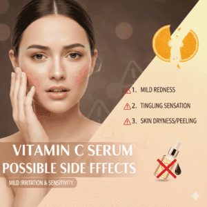  A woman with a slightly red and irritated face, suggesting a skin reaction. The text highlights potential side effects of Vitamin C serum. The headline reads "VITAMIN C SERUM KE NUKSAN" (Disadvantages of Vitamin C Serum). Bullet points list possible side effects like mild irritation, dryness, and sensitivity.